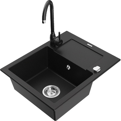 Mexen Enzo гранитна кухненска мивка с 1 корито, с отцедник и кухненски смесител Telma, черен - 6506-77-670200-70 (6506-77-670200-70)