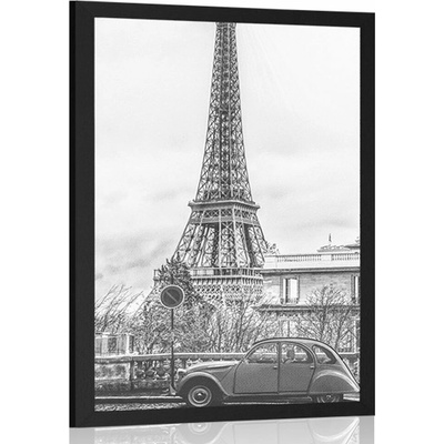 Plakát pohled na Eiffelovu věž z ulice Paříže v černobílém provedení - 40x60 no frame