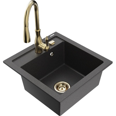 Mexen Vito гранитна кухненска мивка с 1 отделение и кухненски смесител Savita, черен с петна - 6503-76-672601-50 (6503-76-672601-50)