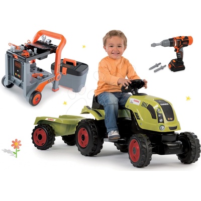 Smoby set traktor Claas Farmer XL na šlapání s přívěsem Smoby a pracovní dílna Black&Decker 3v1 s elektronickou vrtačkou