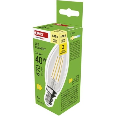 Emos LED žiarovka Filament sviečka E14 3,4 W 40 W 470 lm Teplá biela ZF3D22