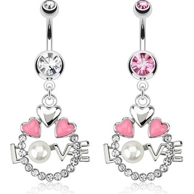 Šperky eshop ocelový piercing do pupíku kruh srdce nápis LOVE s perlou P1.15 čirá C