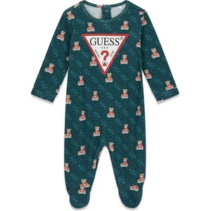 Guess Бебешки памучен гащеризон Guess Bear Monogram - петролено зелен с цялостен принт и голямо лого