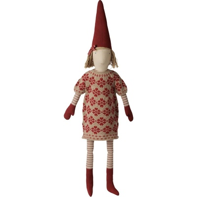 Maileg Vánoční skřítek Pixy Knitted flower dress 84 cm – Girl, červená barva, šedá barva, textil