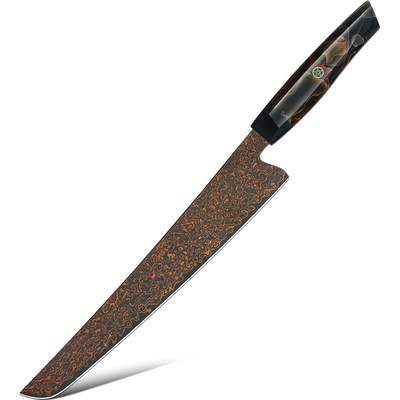 IZMAEL Damaškový kuchynský nôž Kurogane Slicer/Čierna/Hnedá 25 cm