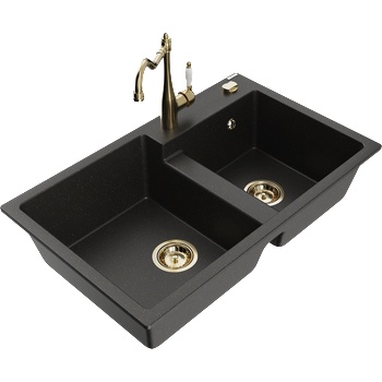 Mexen Tomas двоен гранитен мивка с кухненски смесител Carla, черен/златен металик - 6516-75-670700-50 (6516-75-670700-50)
