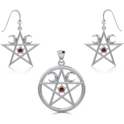 Fantasy Šperky PENTAGRAM s granátem sada stříbrného přívěsku a náušnic P3463