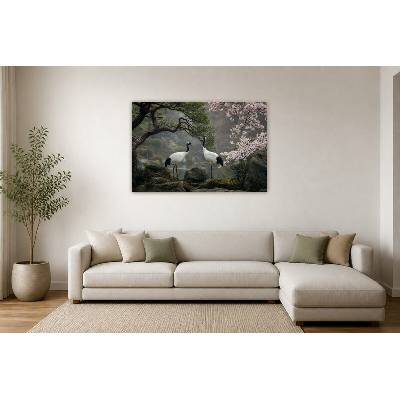 Obraz na plátně – Dvojice jeřábů mezi kvetoucími větvemi 135 × 90 cm