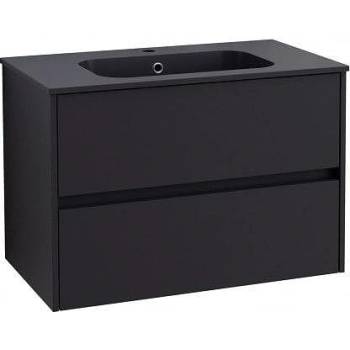 Inter Ceramic Долен шкаф за баня 80 см, конзолен, с мивка от смола, черен мат (icp 7955mb)