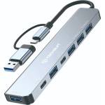 Techsuit - Докинг станция DataBridge 7 в 1 (H6) - USB, Type-C към USB 3.0, 4x USB 2.0, 2x Type-C - Сив
