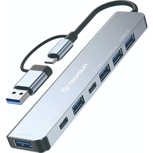 Techsuit - Докинг станция DataBridge 7 в 1 (H6) - USB, Type-C към USB 3.0, 4x USB 2.0, 2x Type-C - Сив (KF2350777)