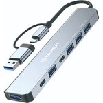 Techsuit - Докинг станция DataBridge 7 в 1 (H6) - USB, Type-C към USB 3.0, 4x USB 2.0, 2x Type-C - Сив