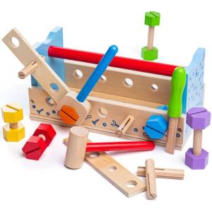 Bigjigs Toys - Дървен детска работна маса за игра с детски инструменти