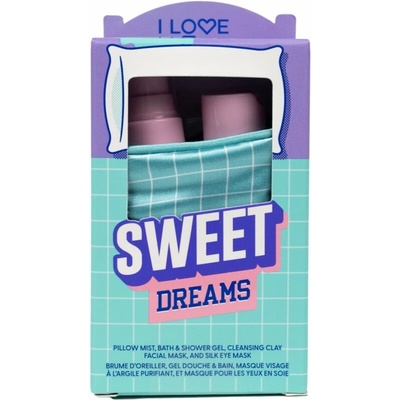 I Love Sweet Dreams sprej na polštář 40 ml + sprchový gel 40 ml + jílová maska 10 g + spací maska 1 ks