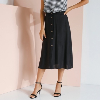 Blancheporte jednofarebná splývavá midi sukňa na gombíky z eco-friendly viskózy čierna