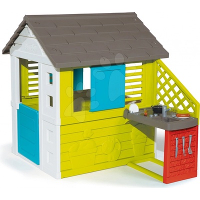 Smoby Domeček s kuchyňkou Pretty Blue modro-zelený 3 okna s 2 žaluziemi a 2 posuvné okenice s UV filtrem a 17 doplňků od 2 let