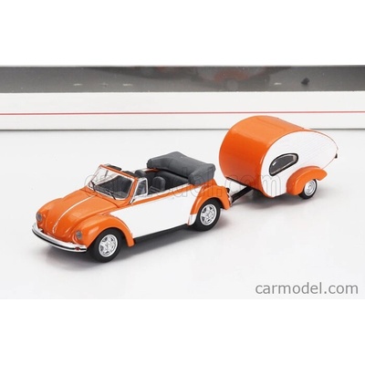 Schuco Volkswagen Beetle Cabriolet With Caravan Trailer 1960 Oranžová Bílá 1:87