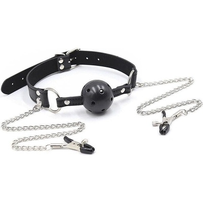 FETISH SUBMISSIVE RING GAG WITH NIPPLE CLAMPS