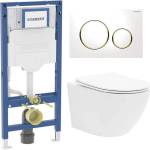 Rune Казанче за WC с вграждаща рамка Geberit Duofix UP320, система за фиксиране, бутон Sigma20, бяло-златно, плюс бяла тоалетна чиния Rune Ivaldi с капак softclose (111.928.00.6+115.882.KK.1+5940541330400)