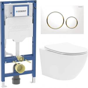 Rune Казанче за WC с вграждаща рамка Geberit Duofix UP320, система за фиксиране, бутон Sigma20, бяло-златно, плюс бяла тоалетна чиния Rune Ivaldi с капак softclose (111.928.00.6+115.882.KK.1+5940541330400)