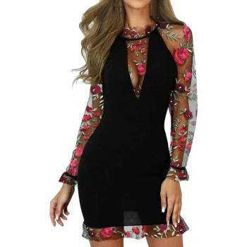 Черна рокля с дълъг ръкав, пачуърк бродерия