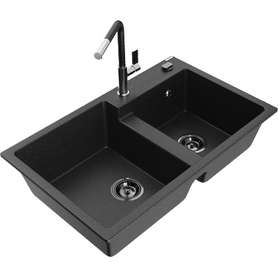 Mexen Tomas двоен гранитен кухненски мивка с батерия Flora, черен/сребърен металик - 6516-73-670401-07-B (6516-73-670401-07-B)