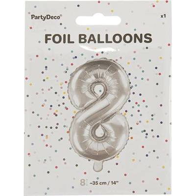 PartyDeco Balón fóliový číslo 8 35 cm stříbrný