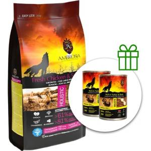 AMBROSIA Puppy & Growth Large Breeds Chicken & Salmon 12 кг + 2 консерви безплатно