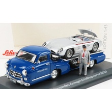 Schuco Mercedes benz Racing Car Transporter Truck Rennwagen 1955 With 300 Slr Spider Modrá Stříbrná 1:43