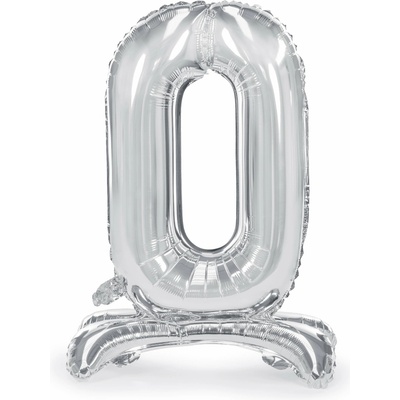 PartyDeco Stojaci fóliový balón číslo 0 70cm strieborný