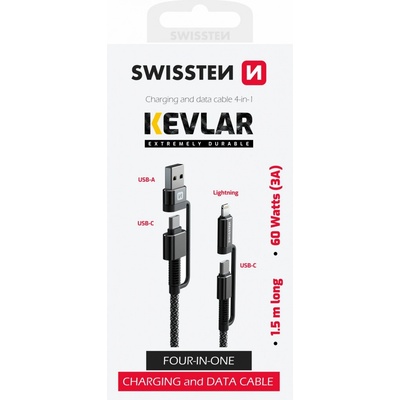Swissten 74501101 Kevlar 4in1 3A, 1,5m, černý