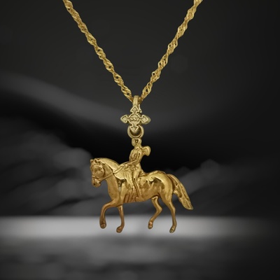 Конен спорт - Дамски медальон с фигура на ездачка - Позлатено покритие - Сребро 925 - Ръчно изработено спортно бижу/талисман конна езда - Идеален подарък за жена - ssj