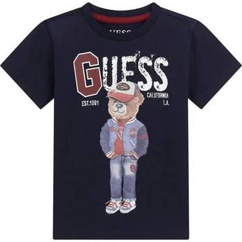 GUESS Тениска за мини момче с къс ръкав в тъмно син цвят с мече и надпис Guess