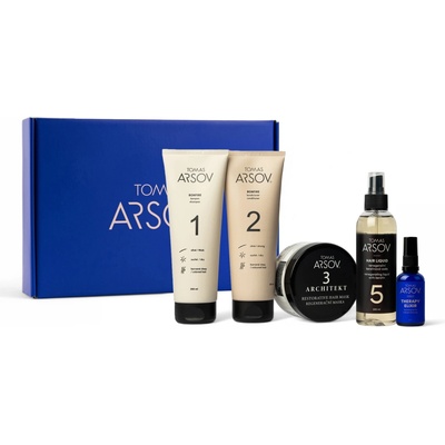 Tomas Arsov Starostlivosť o poškodené vlasy Bonfire šampón 250 ml + Oplach. kondic. 250 ml + Architekt maska 250 ml + Marulový olej s vitamínom E 50 ml + Hair Liquid Kerat.voda 200ml darčeková sadaa