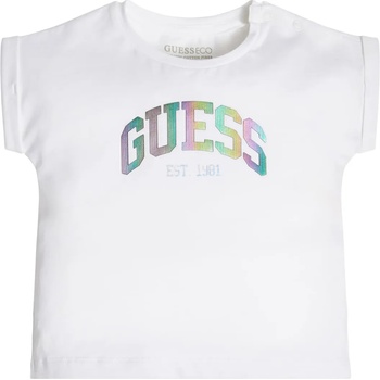 GUESS Тениска с къс ръкав в бяло за момиче с голям цветен надпис Guess