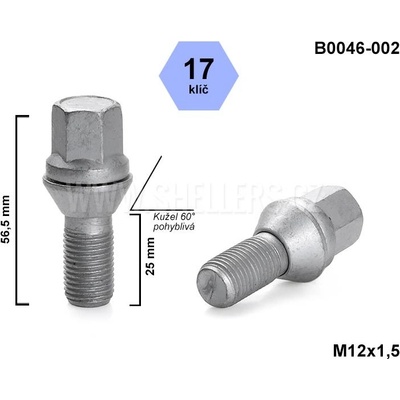 Kolový šroub M14x1,5x25 kužel, pohyblivá, klíč 17, B0046-002, výška 56,5 mm