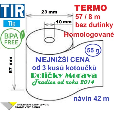 Termo kotouček 57/8m BPA homologace pro tachografy Množství: 3 ks kotoučků v krabičce Homologované