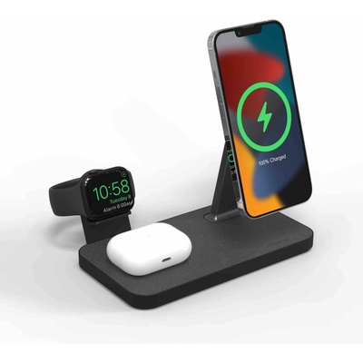 mophie Snap Plus 3in1 Magnetic MagSafe Wireless Charger - тройна поставка (пад) за безжично зареждане за iPhone с Magsafe, Apple Watch, AirPods Pro и Qi съвместими устройства (черен)