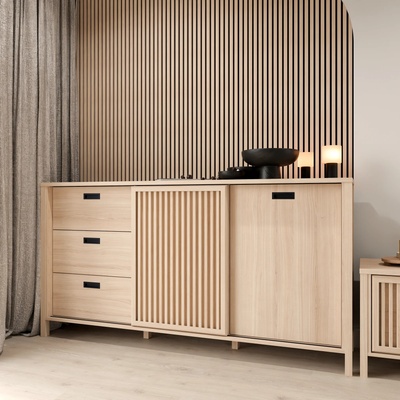 Forte Комод twelve с чекмеджета и плъзгаща се врата с ламели 180 см, дъб Рива (jtnk233r-d129)