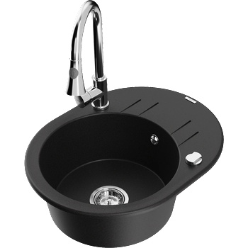 Mexen Kevin гранитна мивка с 1 камера, отцедник и кухненски смесител Elia, черен - 6517-77-670101-00 (6517-77-670101-00)