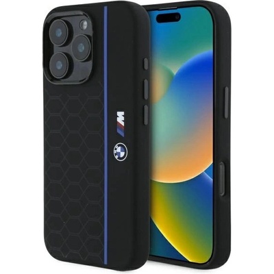 BMW BMW Silicone Hexagon Blue Line MagSafe калъф за iPhone 16 Pro Max, черен