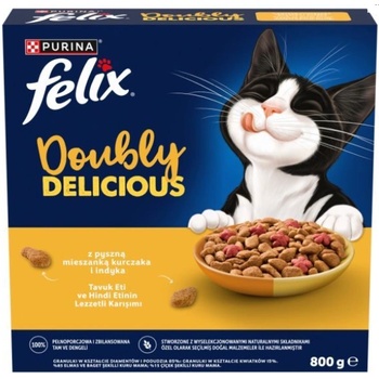 FELIX Doubly Delicious котешка храна с вкусна смес от пилешко и пуешко месо, 800 г
