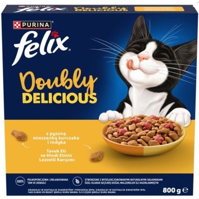 FELIX Doubly Delicious котешка храна с вкусна смес от пилешко и пуешко месо, 800 г