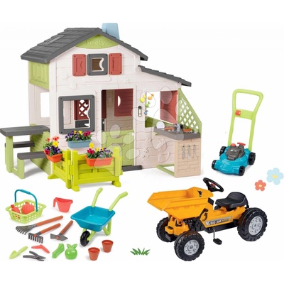 Smoby Set domček Priateľov s predzáhradkou a traktor na šliapanie Jim Friends House Life rozšíriteľný s vyklápačkou a kuchynka s fúrikom a kosačkou