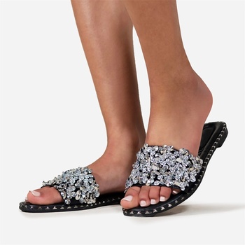 Wheres That From Wheres Diamante Sparkly Flat Sliders - Black