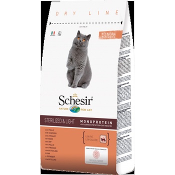 Schesir Sterilized & Light with Chicken - Пълноценна суха храна за израснали котки с пилешко месо, за кастрирани или с наднормено тегло, 1.5 кг