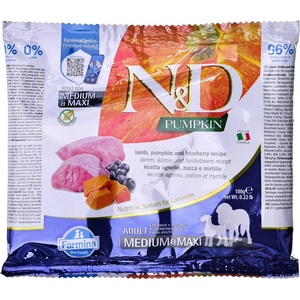  Farmina FARMINA N&D PUMPKIN LAMB&BLUEBERRY AD MED&MAXI Суха храна за кучета, за средни и големи, с тиква, агнешко и боровинки, 100 гр
