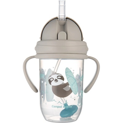 Canpol Babies nevylievací hrnček so slamkou a závažím Exotic Lenochod šedý 270 ml