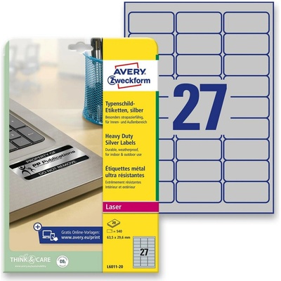 Avery Zweckform L6011-20 stříbrné PET etikety 63,5 x 29,6 mm 540 etiket