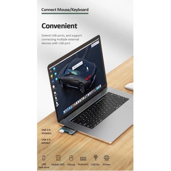 USAMS Мултифункционален хъб за свързване на допълнителна периферия за MacBook, iPad Pro и мобилни устройства с USB-C порт - USAMS USB-C Mini Hub 2xUSB With MicroSD (тъмносив) (US-SJ463)